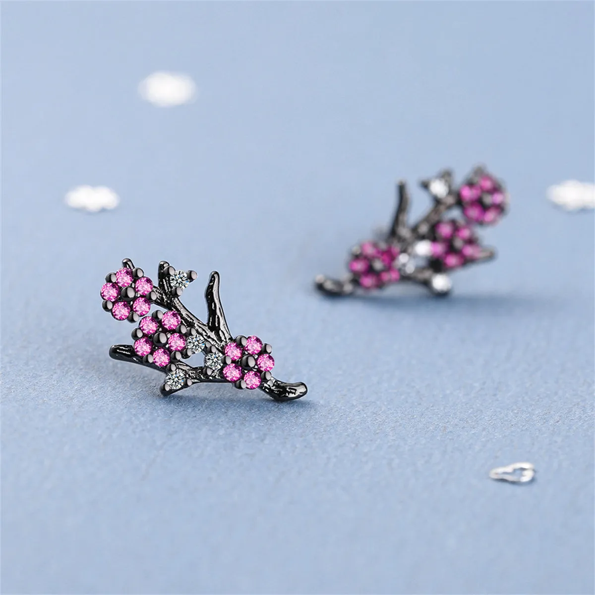Cubic Zirconia & Black-Tone Plum Flower Stud Earrings