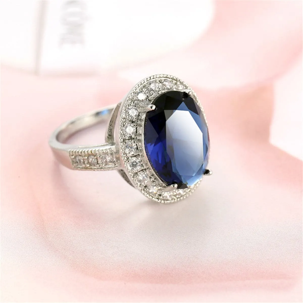 Cubic Zirconia & Blue Crystal Oval Halo Ring