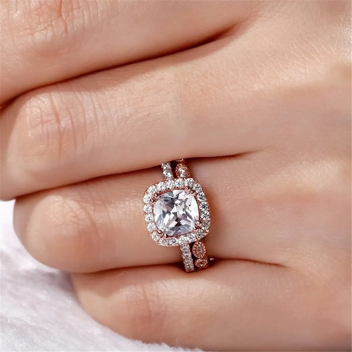 Cubic Zirconia & Crystal Cushion-Cut Halo Ring & Band