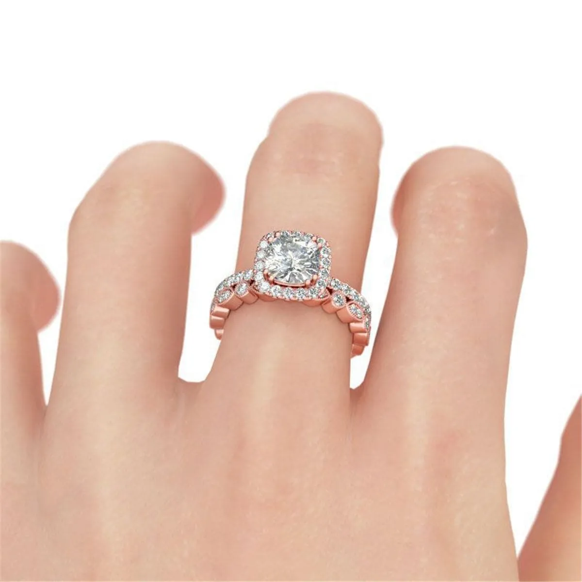 Cubic Zirconia & Crystal Cushion-Cut Halo Ring & Band
