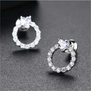 Cubic Zirconia & Crystal Heart Circle Stud Earrings