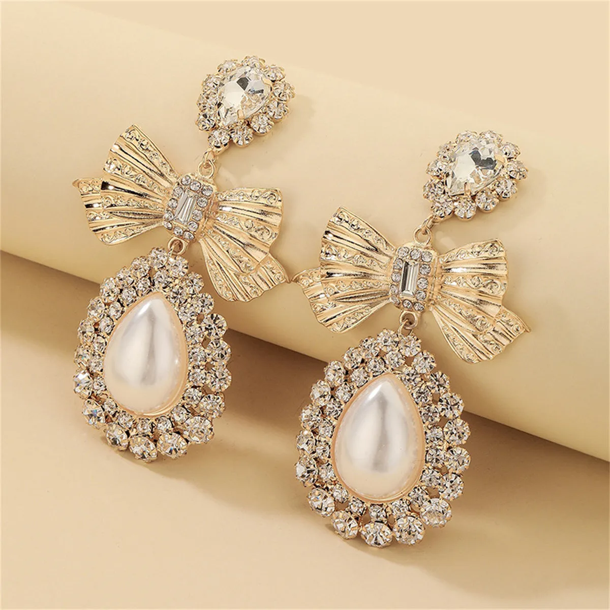 Cubic Zirconia & Crystal Pearl 18K Gold-Plated Bow Drop Dangle Earring