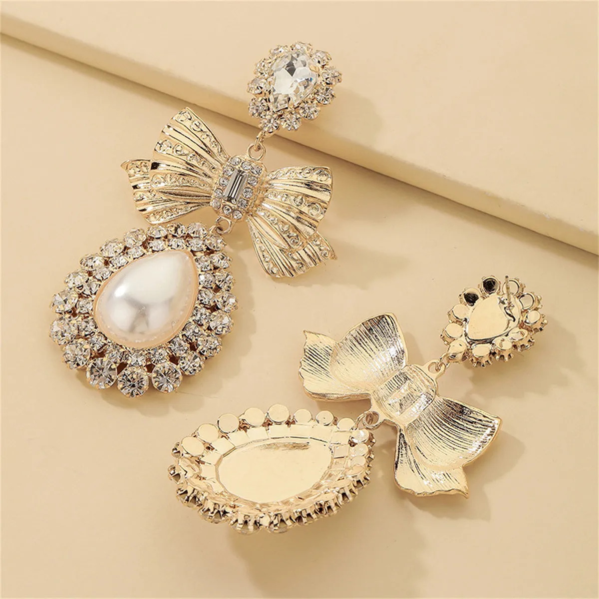 Cubic Zirconia & Crystal Pearl 18K Gold-Plated Bow Drop Dangle Earring
