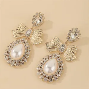 Cubic Zirconia & Crystal Pearl 18K Gold-Plated Bow Drop Dangle Earring