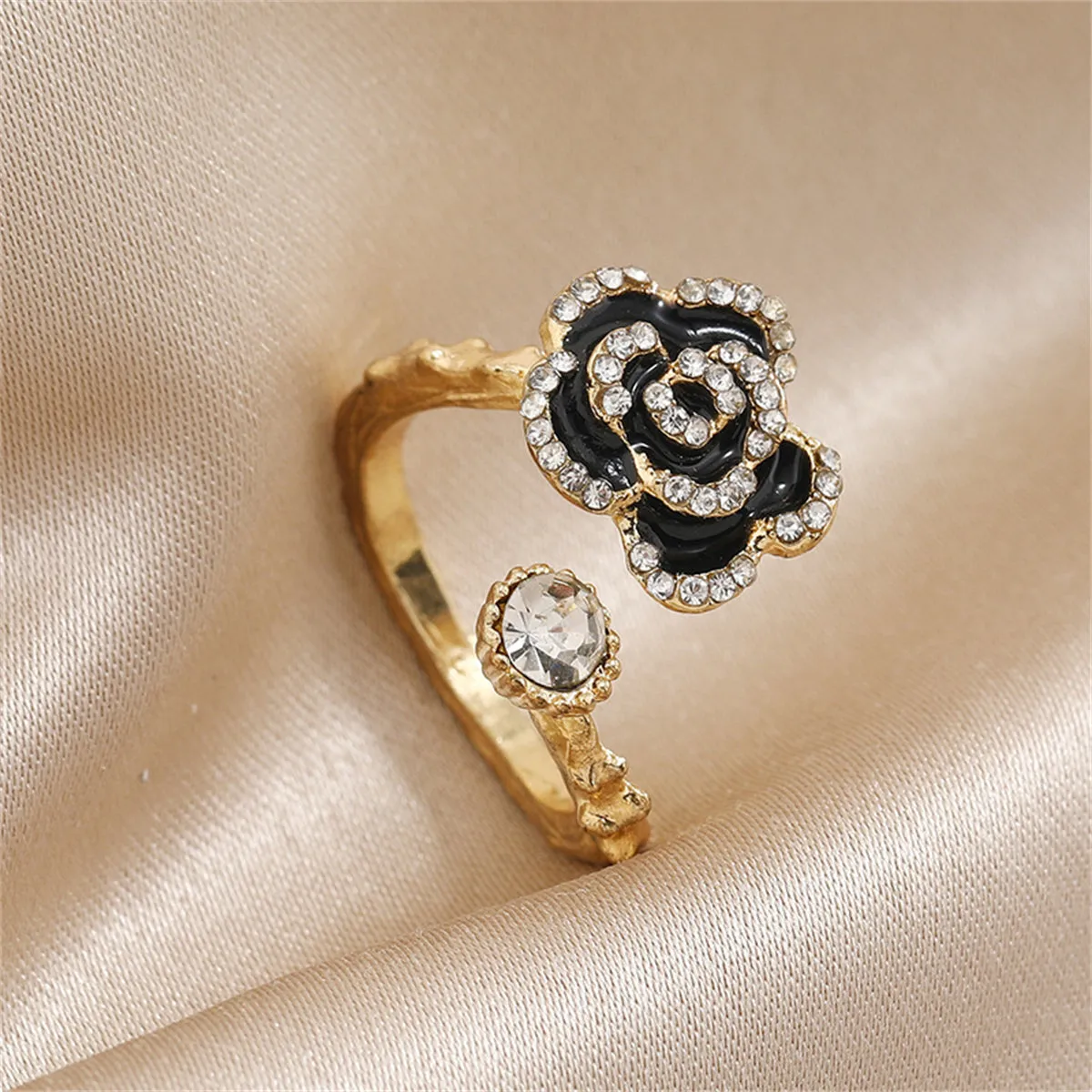 Cubic Zirconia & Enamel 18K Gold-Plated Floral Camellia Bypass Ring