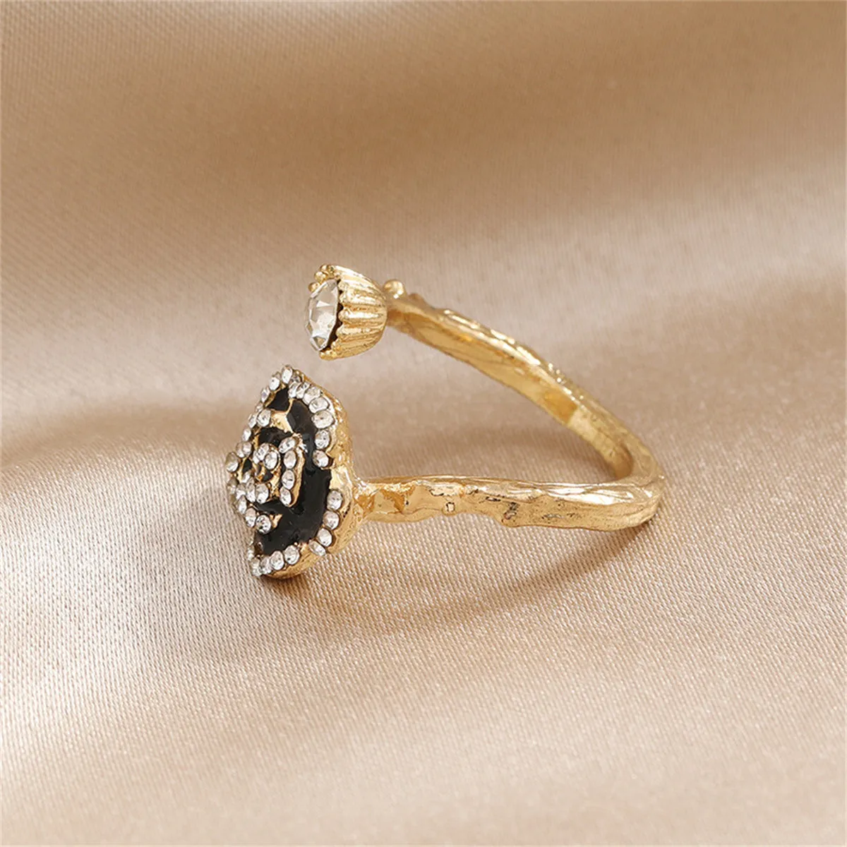 Cubic Zirconia & Enamel 18K Gold-Plated Floral Camellia Bypass Ring