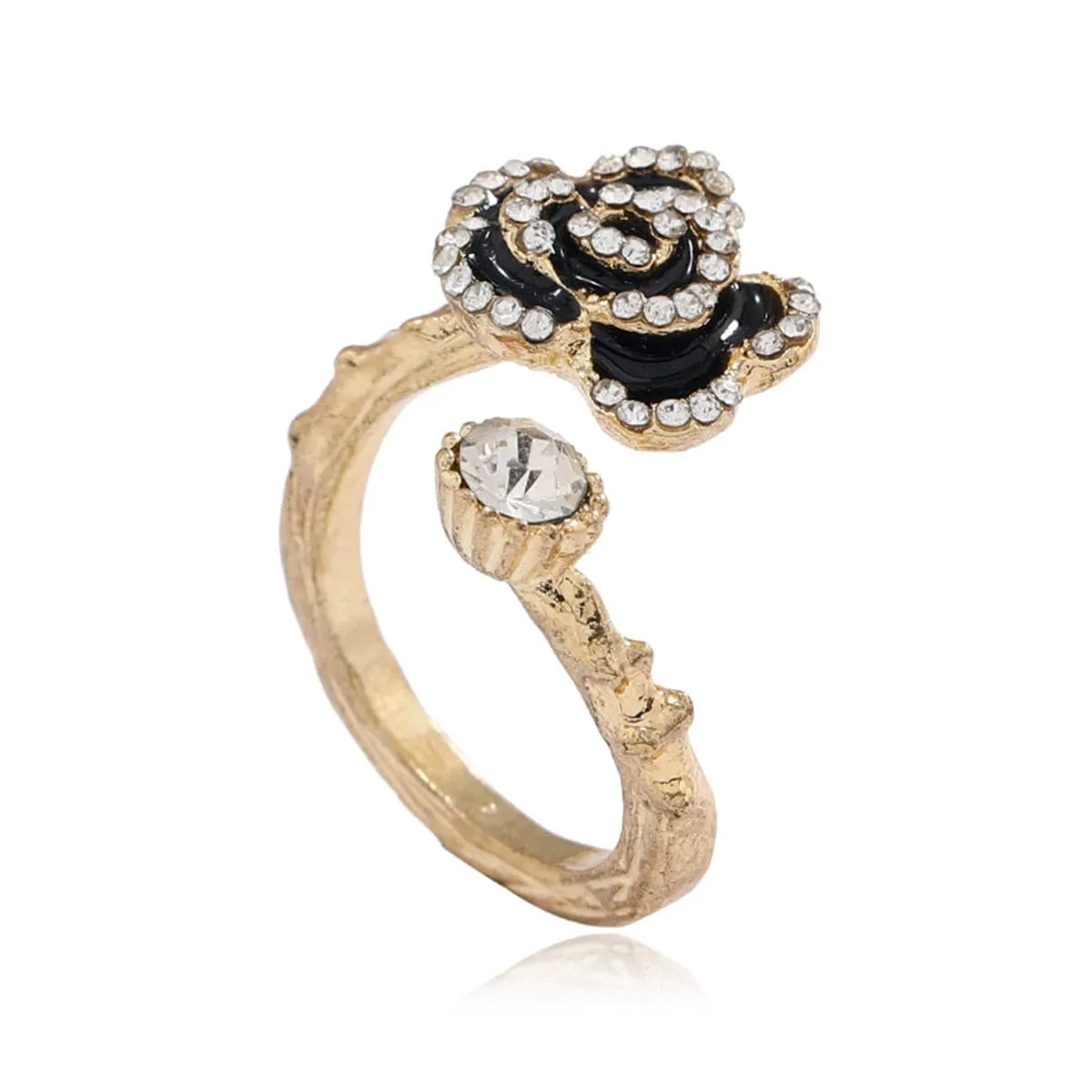 Cubic Zirconia & Enamel 18K Gold-Plated Floral Camellia Bypass Ring