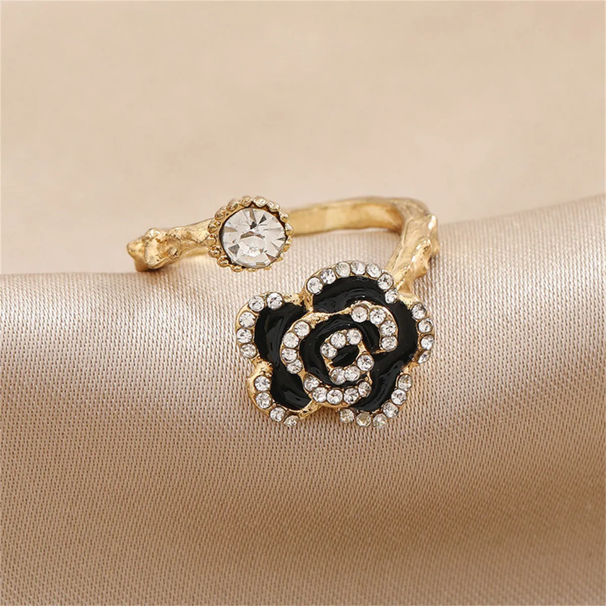 Cubic Zirconia & Enamel 18K Gold-Plated Floral Camellia Bypass Ring