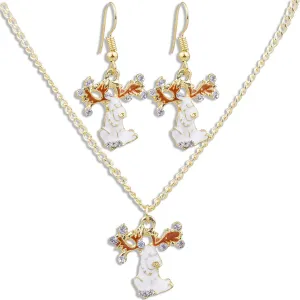 Cubic Zirconia & Enamel 18K Gold-Plated Reindeer Pendant Necklace Set