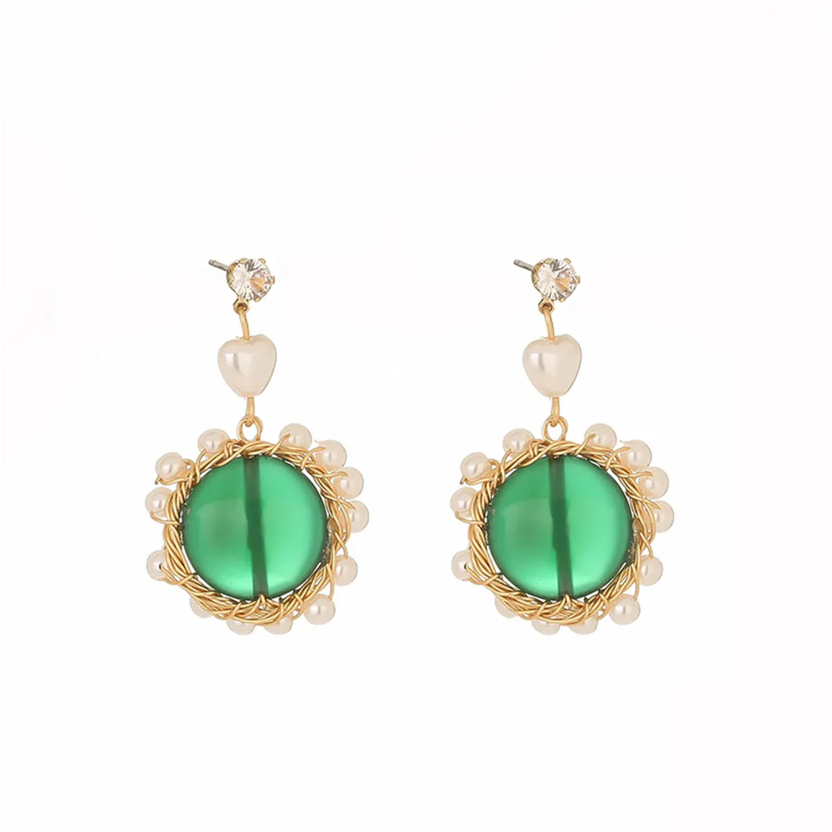 Cubic Zirconia & Green Resin 18K Gold-Plated Circular Drop Earrings