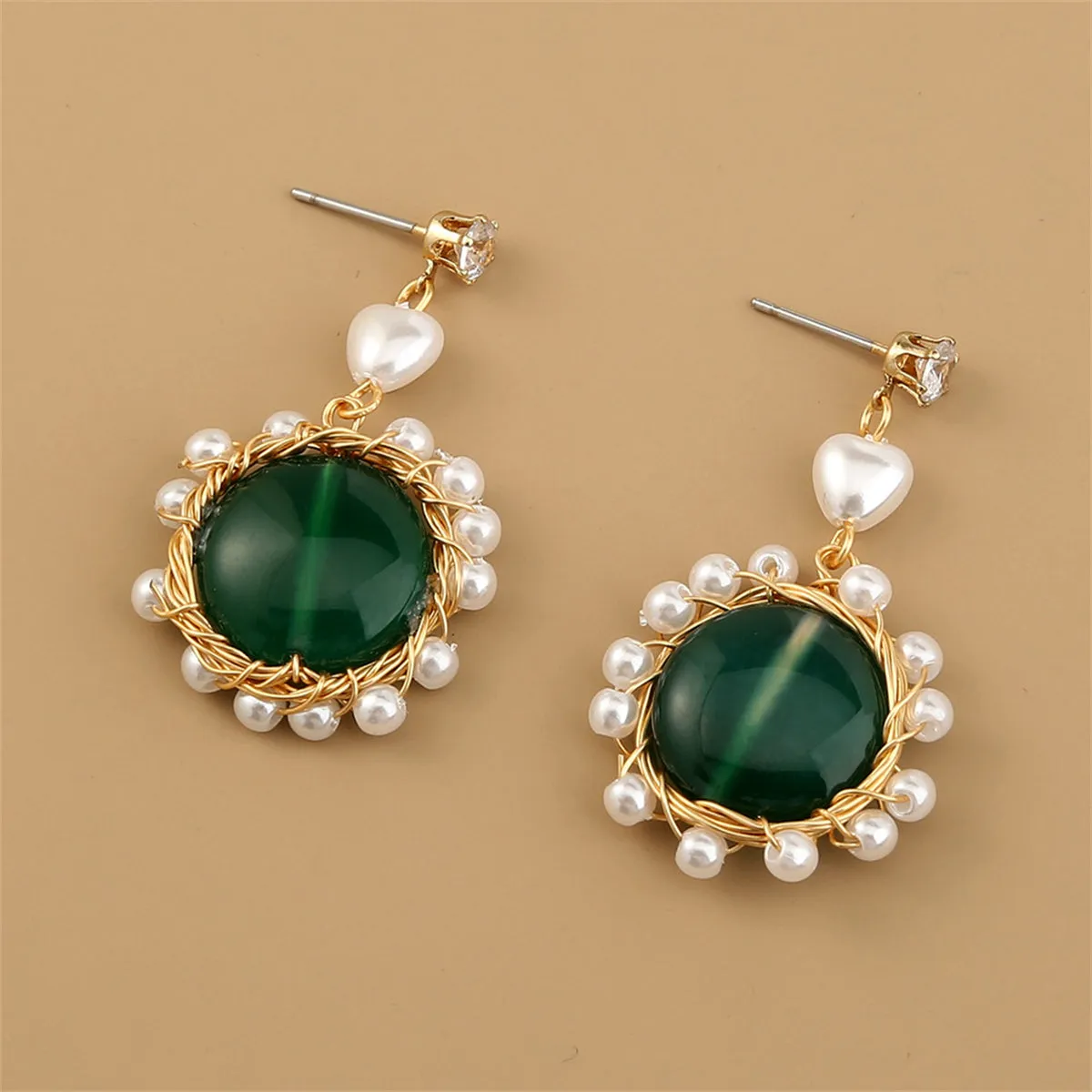 Cubic Zirconia & Green Resin 18K Gold-Plated Circular Drop Earrings