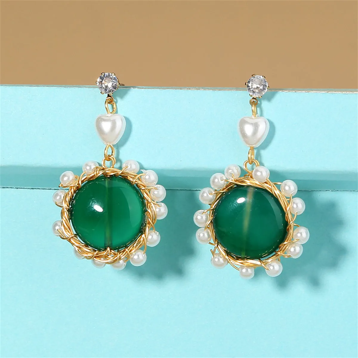 Cubic Zirconia & Green Resin 18K Gold-Plated Circular Drop Earrings