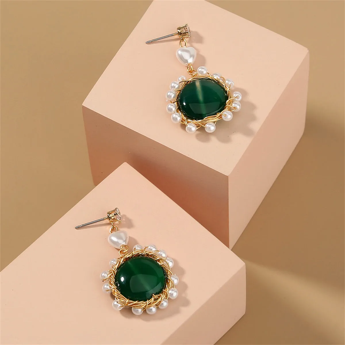 Cubic Zirconia & Green Resin 18K Gold-Plated Circular Drop Earrings