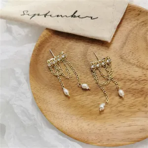 Cubic Zirconia & Pearl 18K Gold-Plated Chain Tassel Drop Earrings