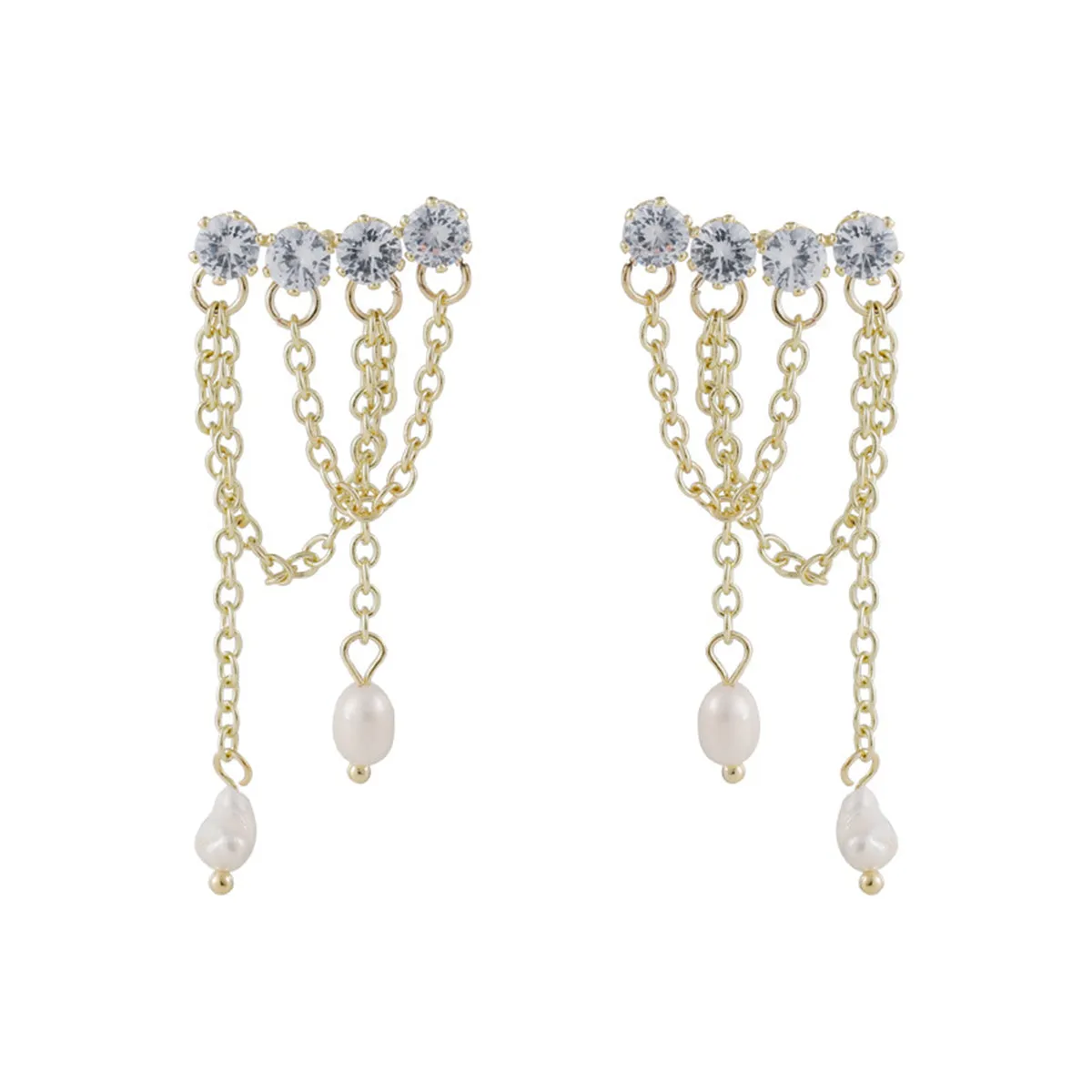 Cubic Zirconia & Pearl 18K Gold-Plated Chain Tassel Drop Earrings