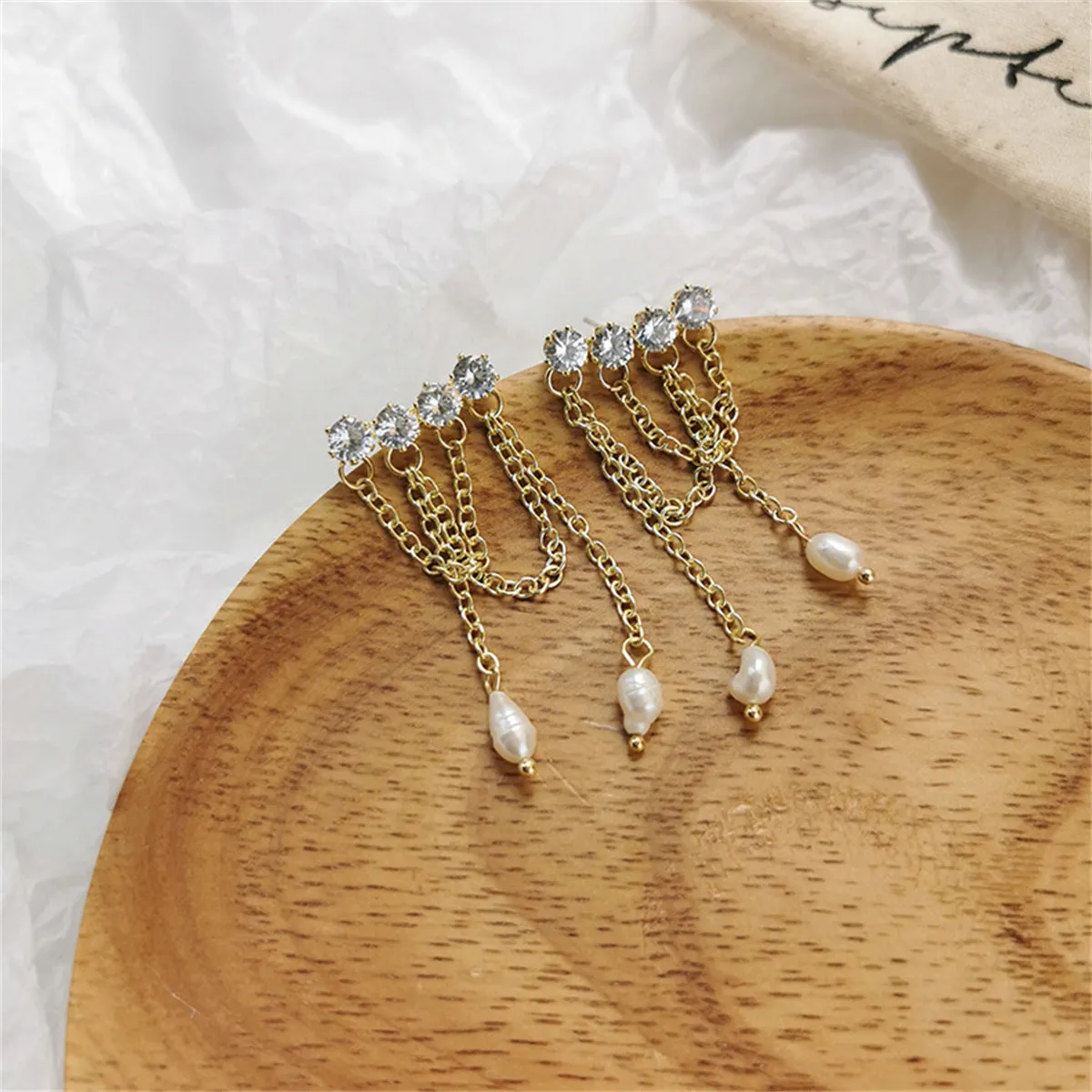 Cubic Zirconia & Pearl 18K Gold-Plated Chain Tassel Drop Earrings