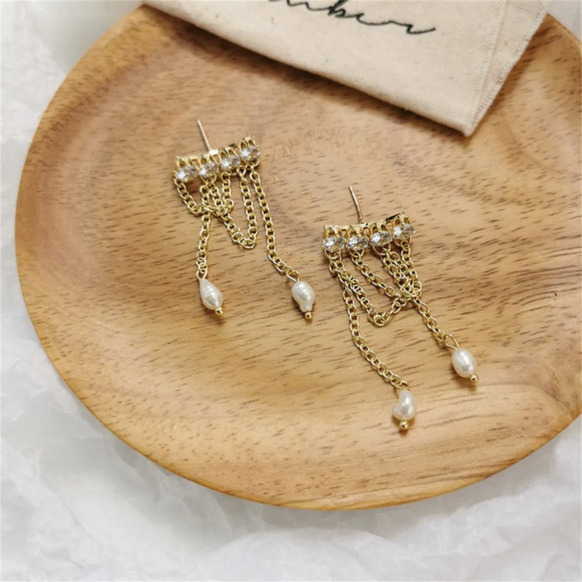 Cubic Zirconia & Pearl 18K Gold-Plated Chain Tassel Drop Earrings