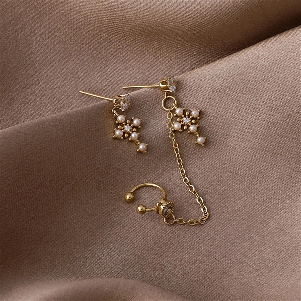 Cubic Zirconia & Pearl 18K Gold-Plated Cross Clip-On Drop Earrings