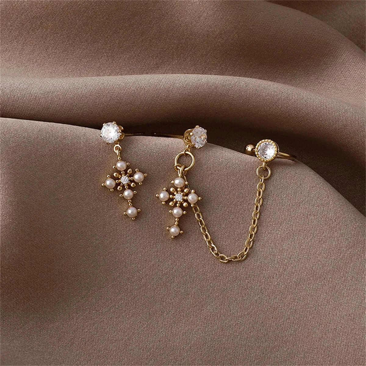Cubic Zirconia & Pearl 18K Gold-Plated Cross Clip-On Drop Earrings