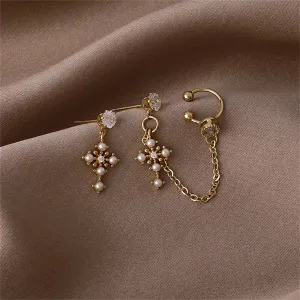 Cubic Zirconia & Pearl 18K Gold-Plated Cross Clip-On Drop Earrings