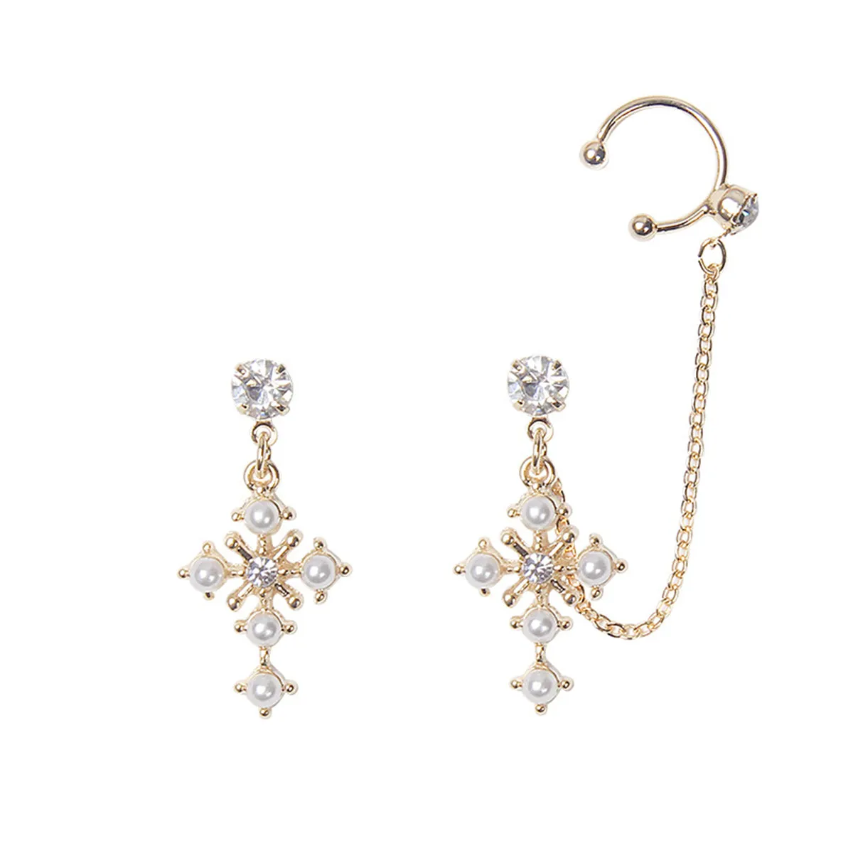 Cubic Zirconia & Pearl 18K Gold-Plated Cross Clip-On Drop Earrings