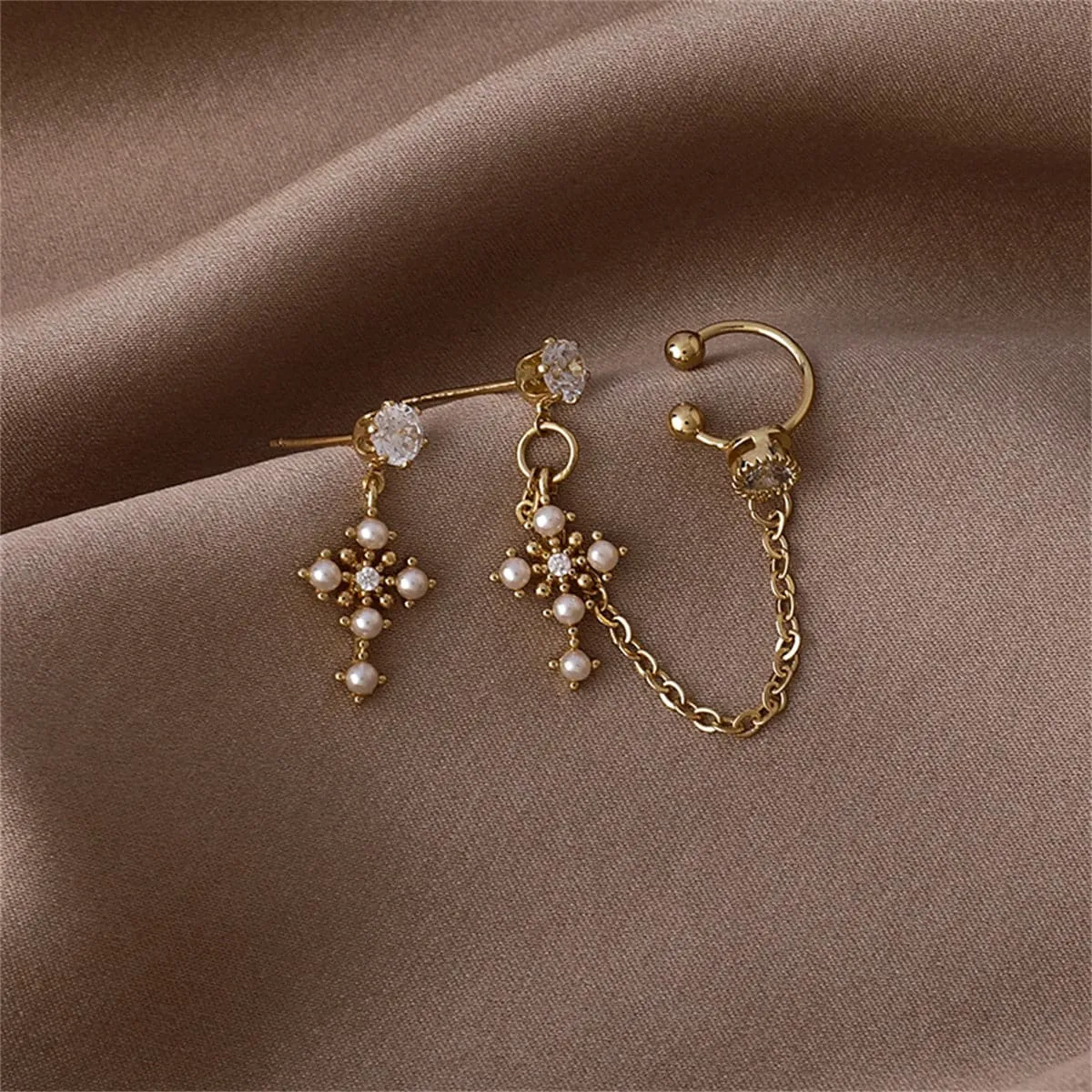 Cubic Zirconia & Pearl 18K Gold-Plated Cross Clip-On Drop Earrings