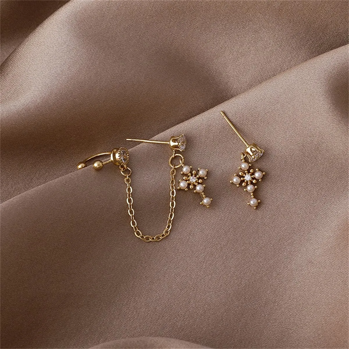 Cubic Zirconia & Pearl 18K Gold-Plated Cross Clip-On Drop Earrings