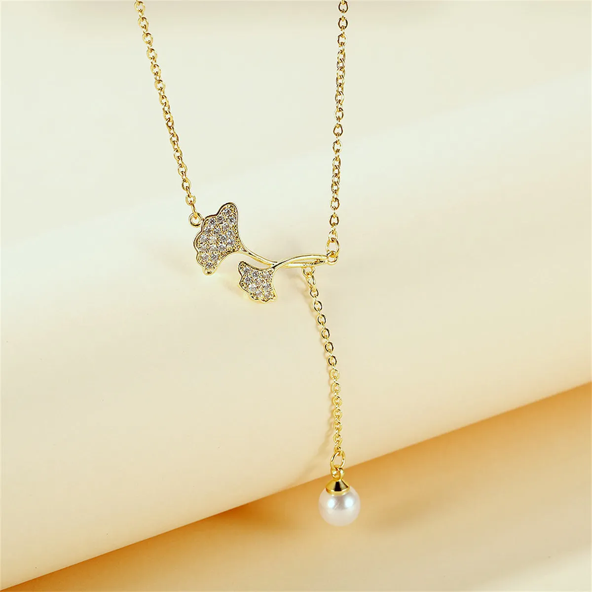 Cubic Zirconia & Pearl 18K Gold-Plated Lotus Leaves Lariat Necklace