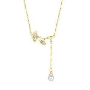 Cubic Zirconia & Pearl 18K Gold-Plated Lotus Leaves Lariat Necklace