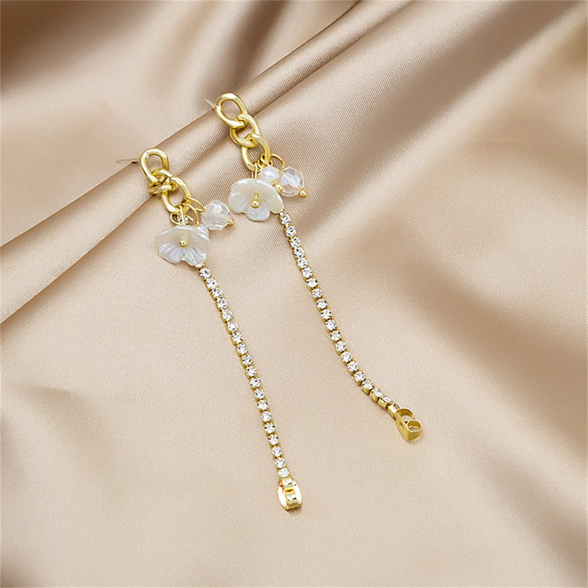 Cubic Zirconia & Pearl Acrylic 18K Gold-Plated Chain Flower Drop Earrings