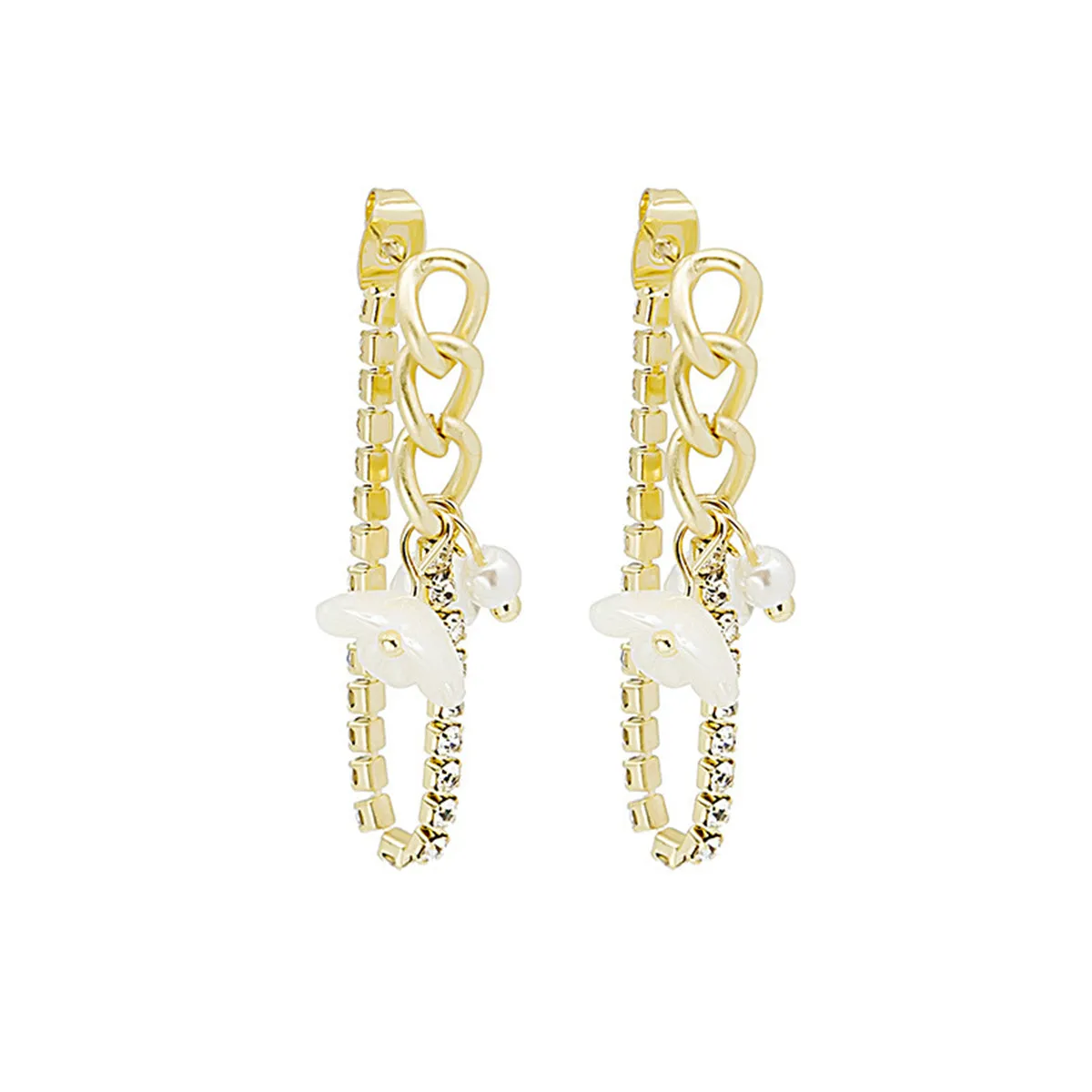 Cubic Zirconia & Pearl Acrylic 18K Gold-Plated Chain Flower Drop Earrings