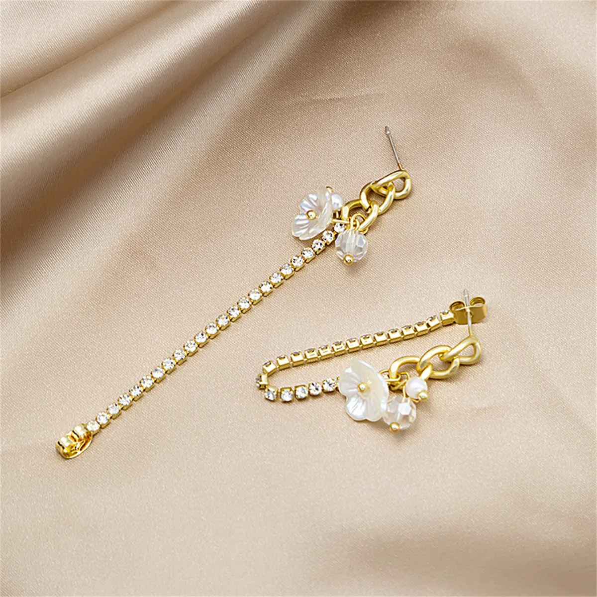 Cubic Zirconia & Pearl Acrylic 18K Gold-Plated Chain Flower Drop Earrings