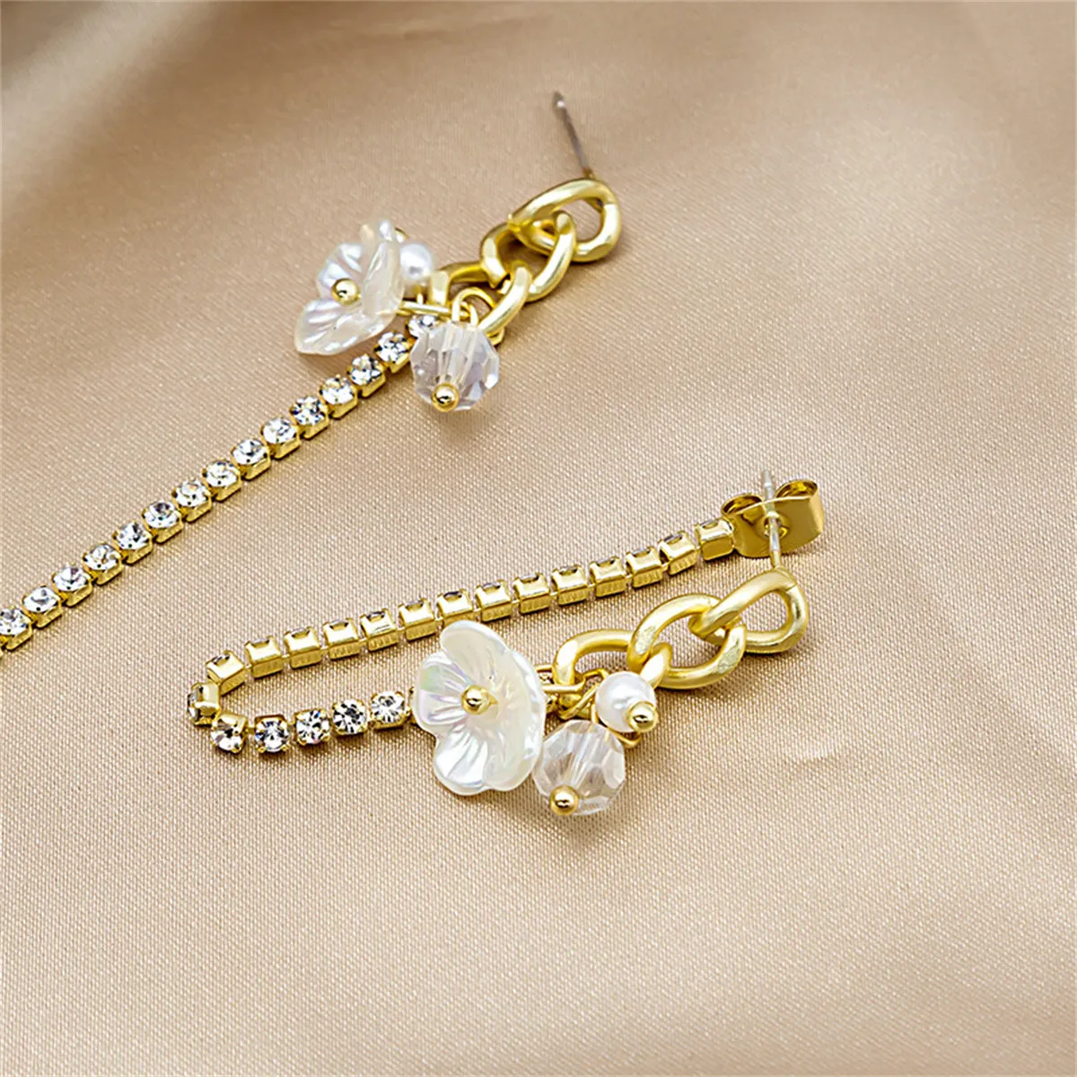 Cubic Zirconia & Pearl Acrylic 18K Gold-Plated Chain Flower Drop Earrings