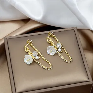 Cubic Zirconia & Pearl Acrylic 18K Gold-Plated Chain Flower Drop Earrings