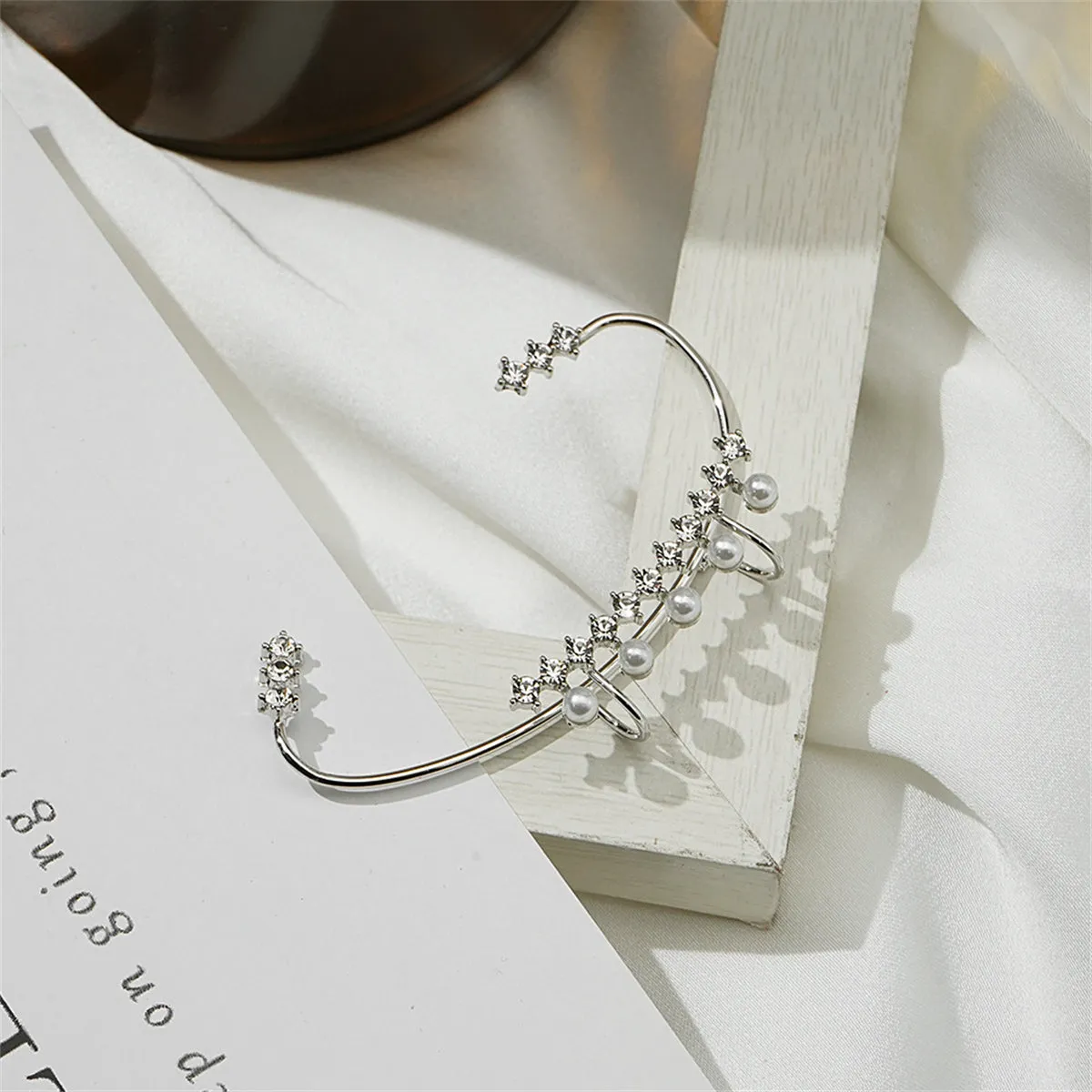 Cubic Zirconia & Pearl Curved Ear Cuff