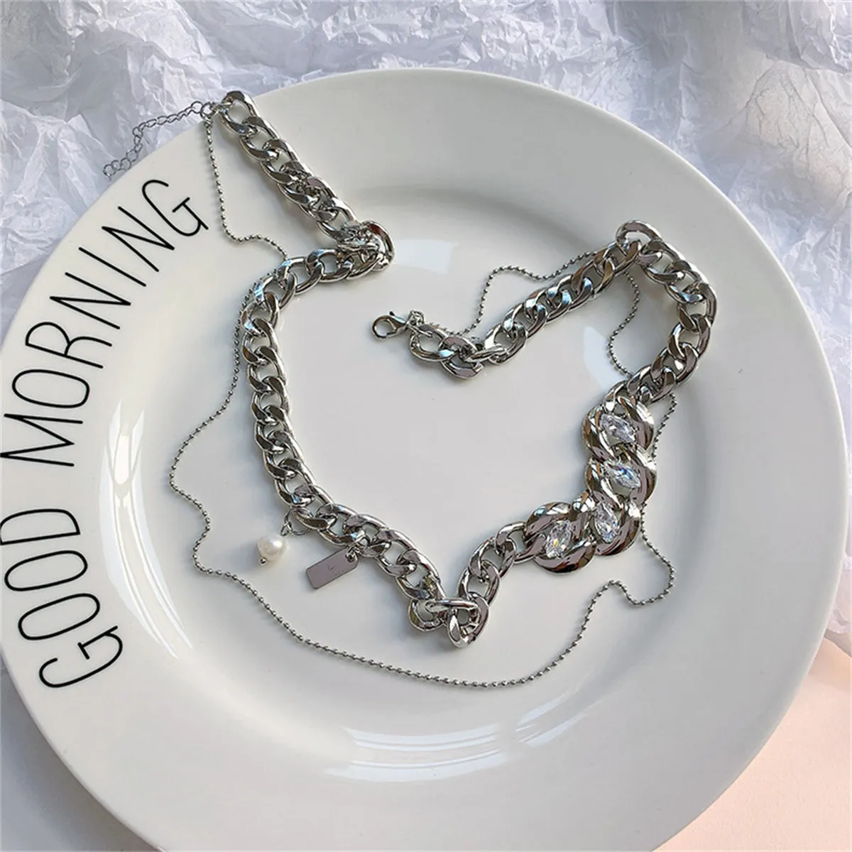 Cubic Zirconia & Pearl Silver-Plated Curb Chain Layered Necklace