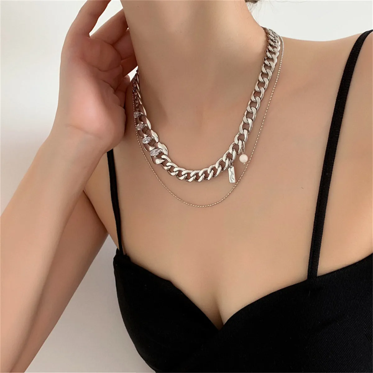 Cubic Zirconia & Pearl Silver-Plated Curb Chain Layered Necklace