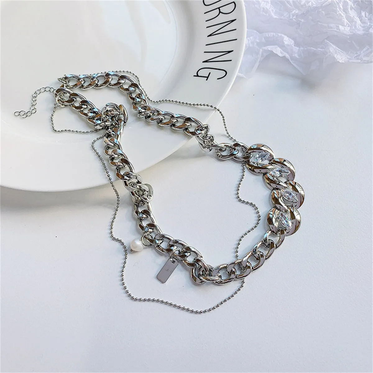 Cubic Zirconia & Pearl Silver-Plated Curb Chain Layered Necklace