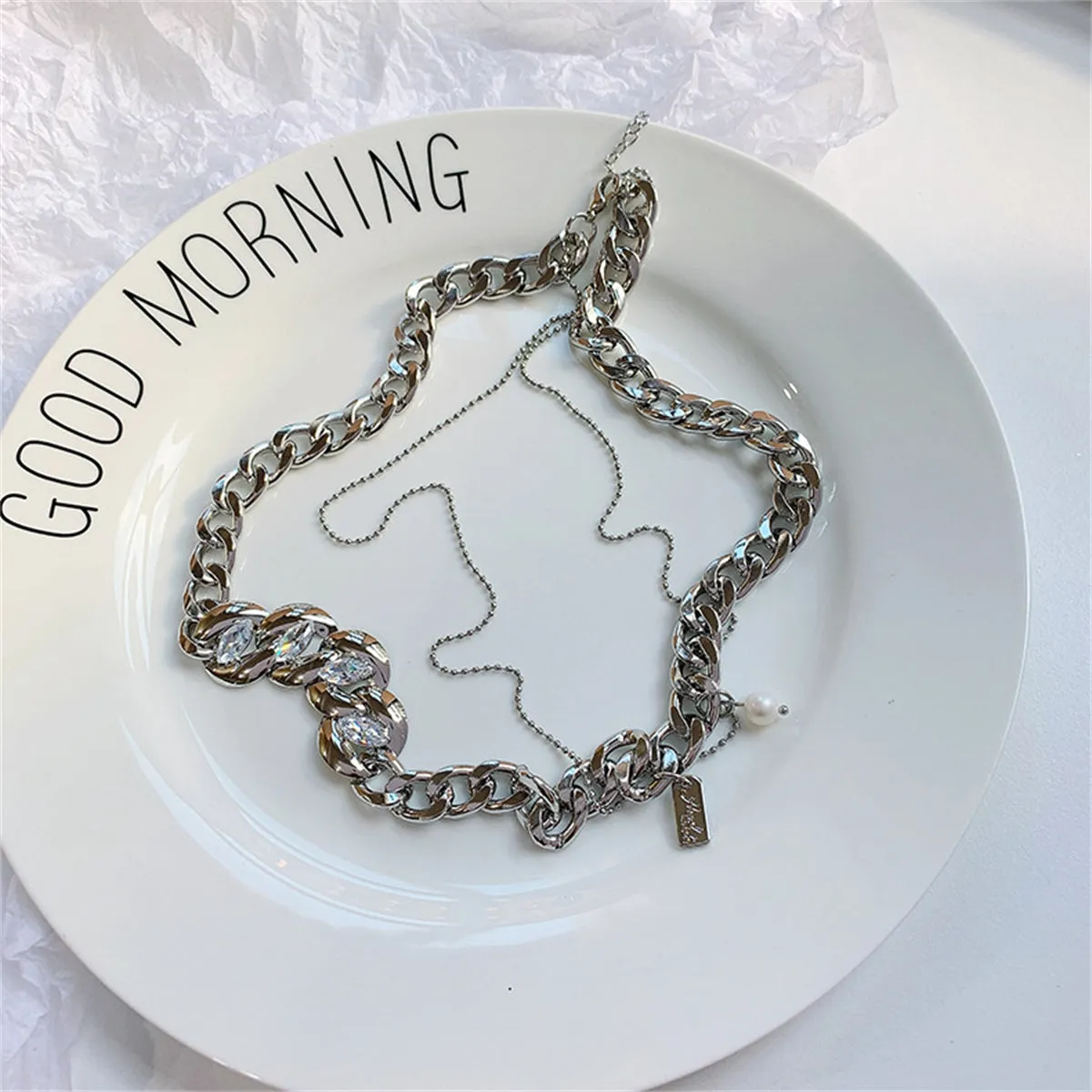 Cubic Zirconia & Pearl Silver-Plated Curb Chain Layered Necklace