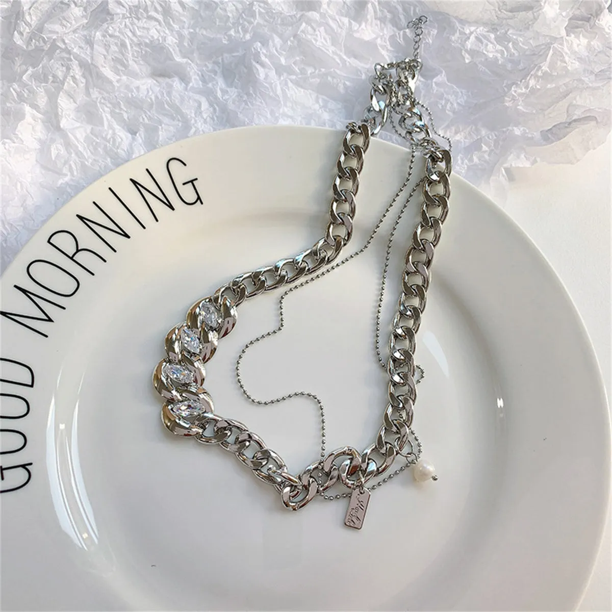 Cubic Zirconia & Pearl Silver-Plated Curb Chain Layered Necklace