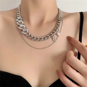 Cubic Zirconia & Pearl Silver-Plated Curb Chain Layered Necklace