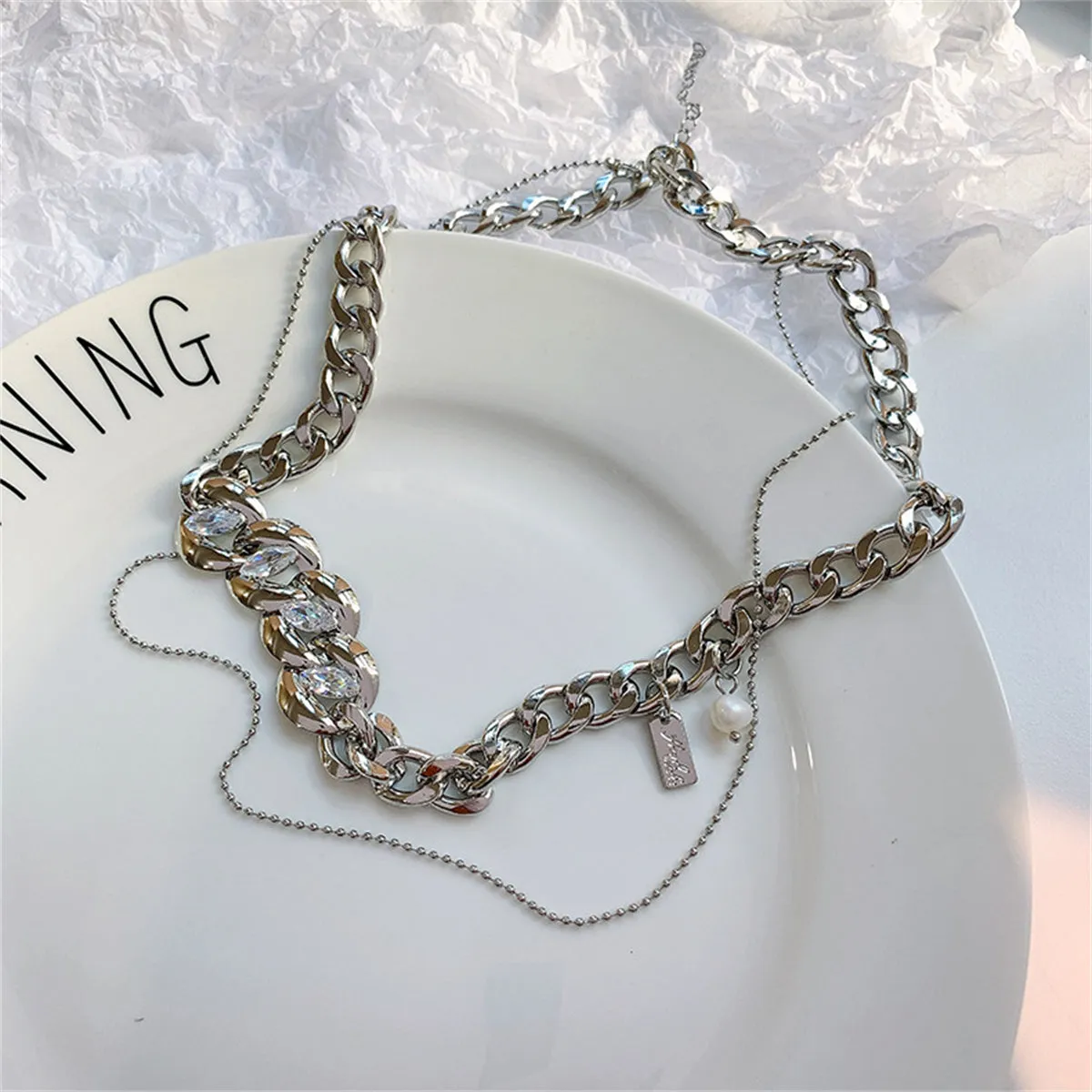 Cubic Zirconia & Pearl Silver-Plated Curb Chain Layered Necklace