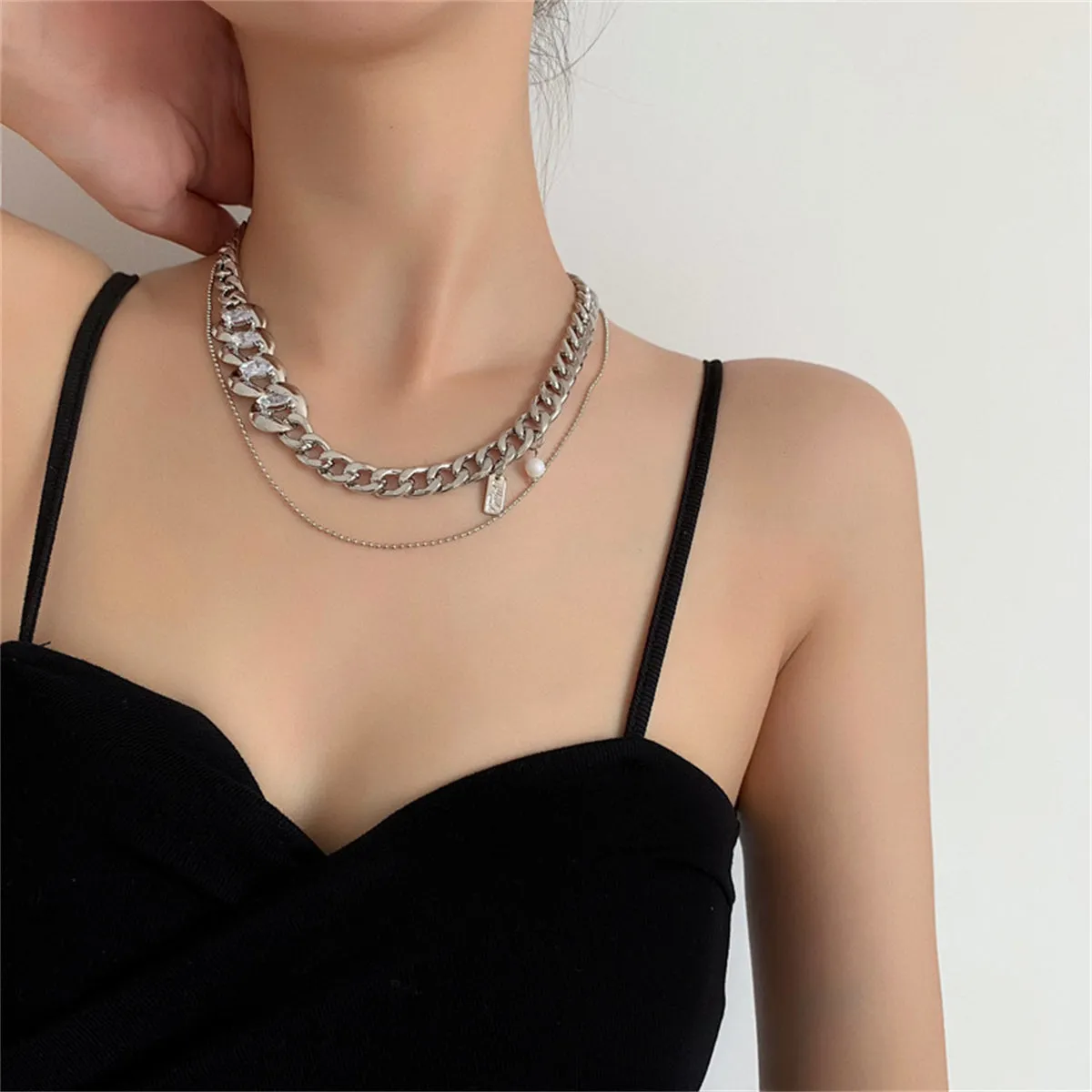Cubic Zirconia & Pearl Silver-Plated Curb Chain Layered Necklace
