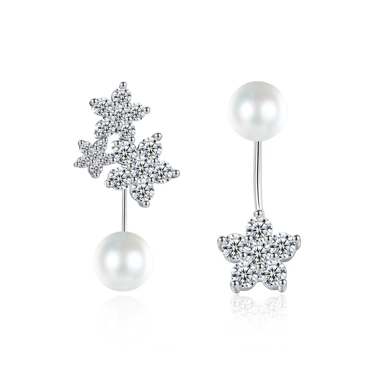 Cubic Zirconia & Pearl Silver-Plated Flower Drop Earrings