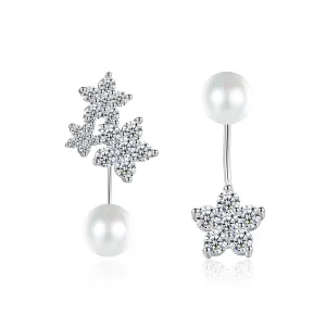 Cubic Zirconia & Pearl Silver-Plated Flower Drop Earrings