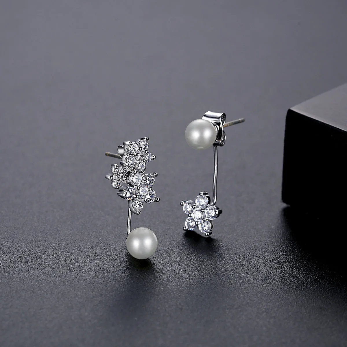 Cubic Zirconia & Pearl Silver-Plated Flower Drop Earrings