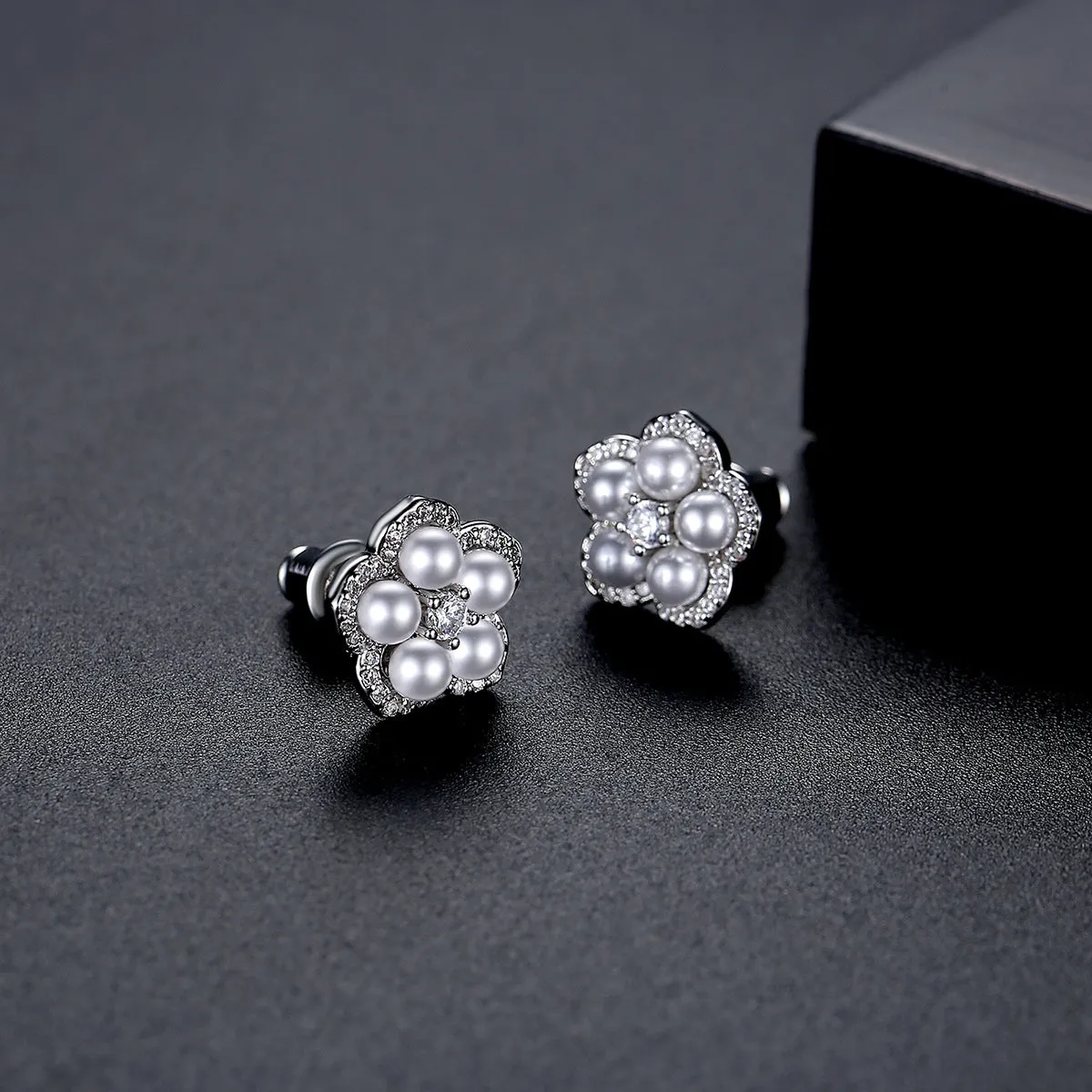 Cubic Zirconia & Pearl Silver-Plated Plum Blossom Stud Earrings