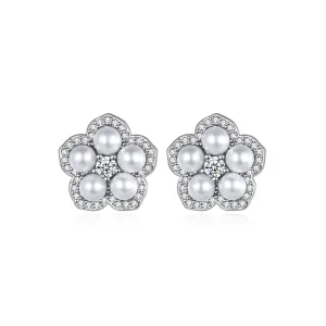 Cubic Zirconia & Pearl Silver-Plated Plum Blossom Stud Earrings