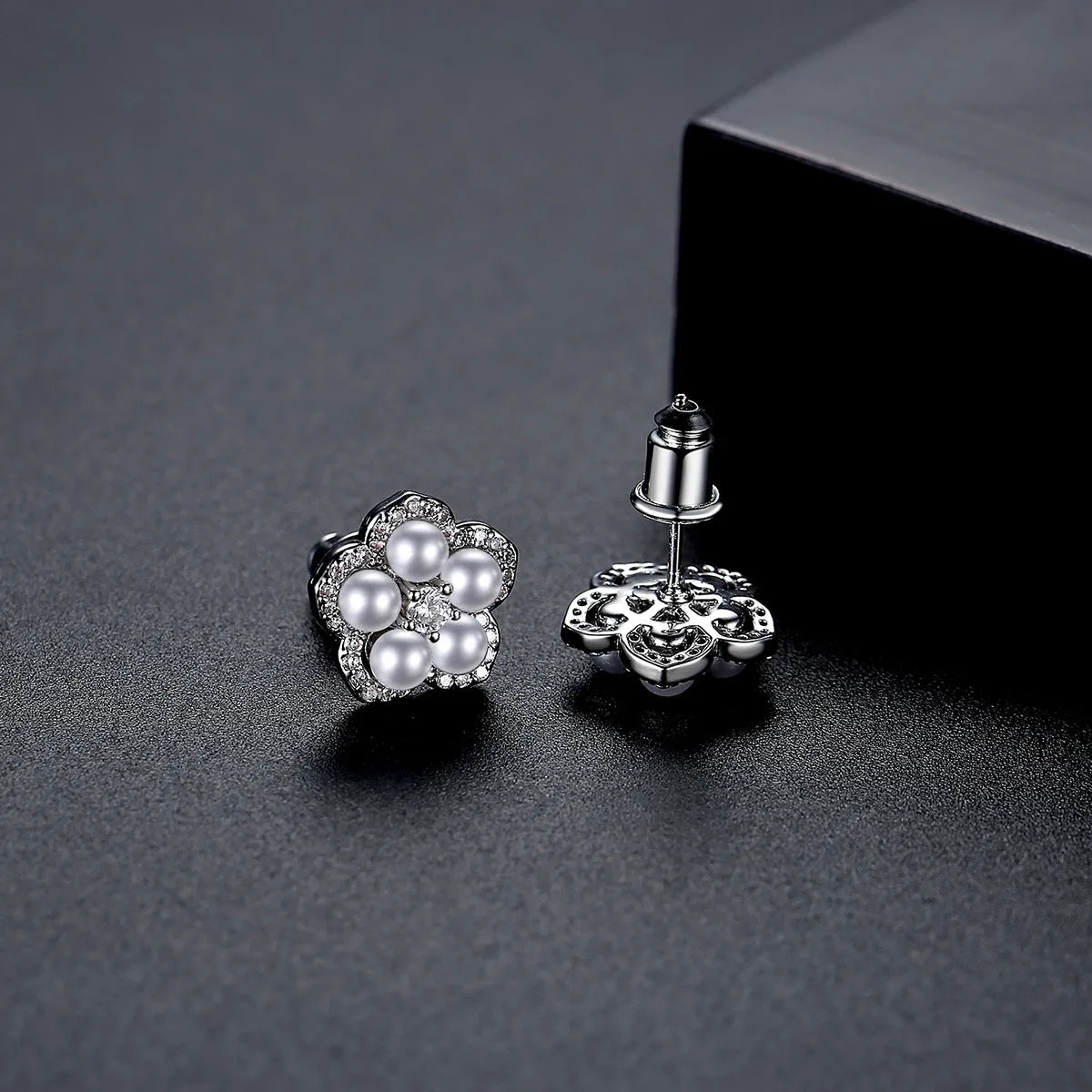 Cubic Zirconia & Pearl Silver-Plated Plum Blossom Stud Earrings