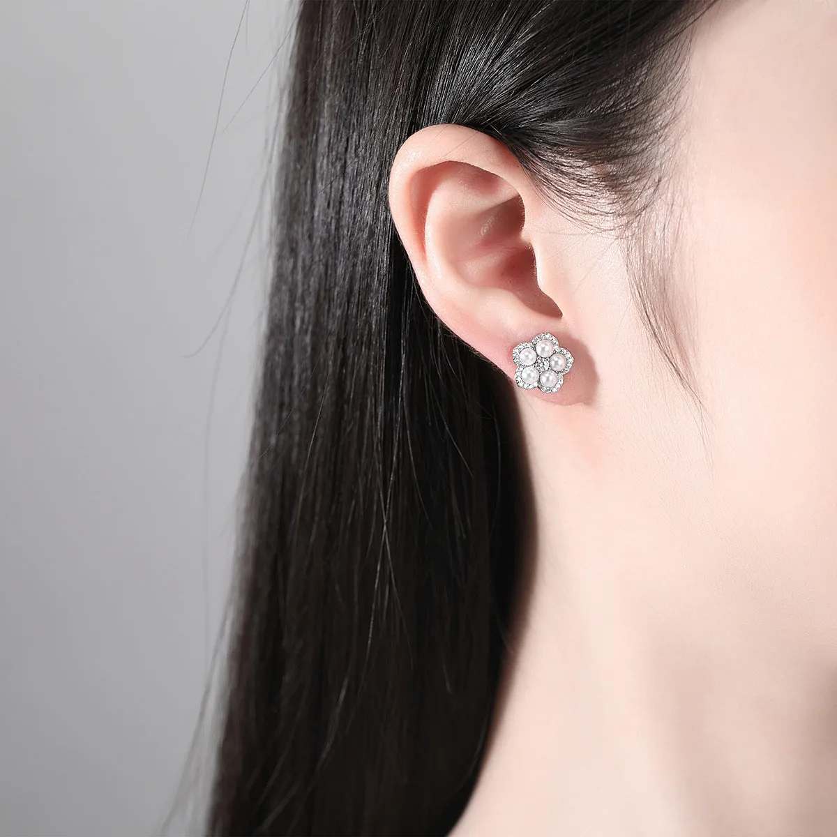 Cubic Zirconia & Pearl Silver-Plated Plum Blossom Stud Earrings